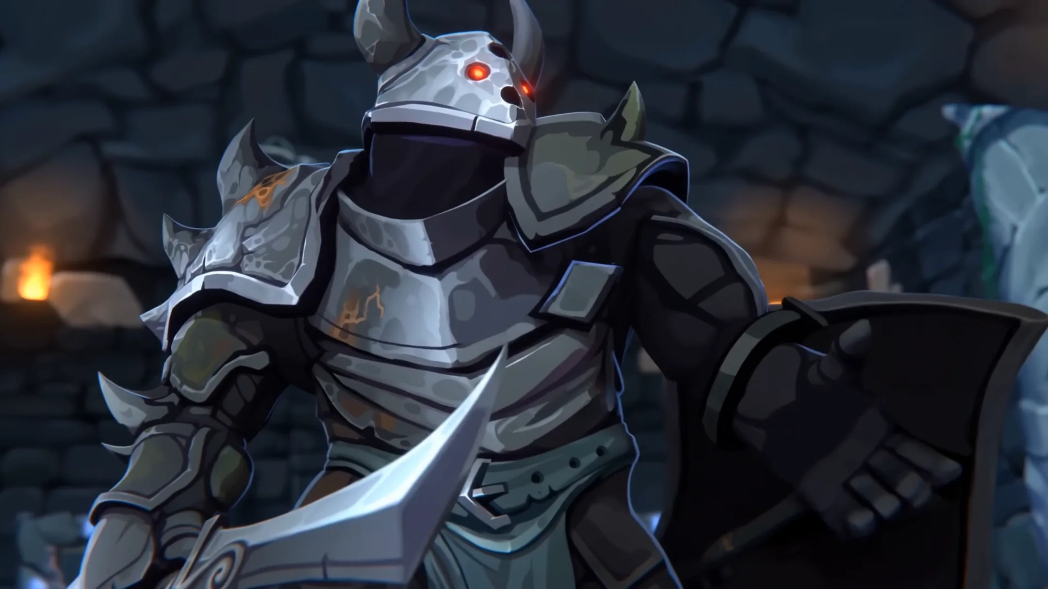 The Berserker stands ready in a torchlit crypt hall