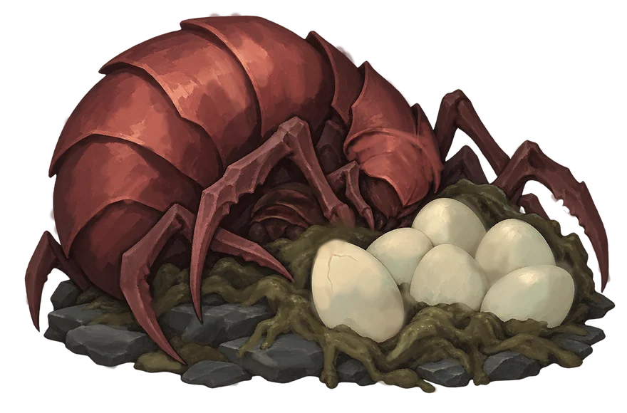 The Brood Mother, a giant red bug coiled around glowing eggs