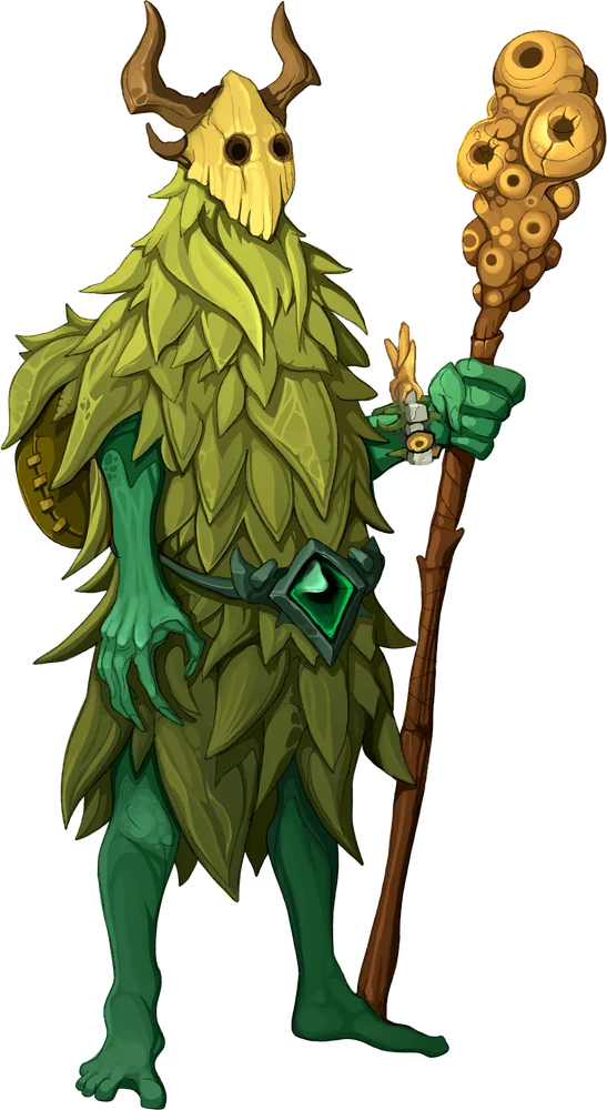 The Druid, a leaf-cloaked figure in a horned wooden mask holding a fungus staff