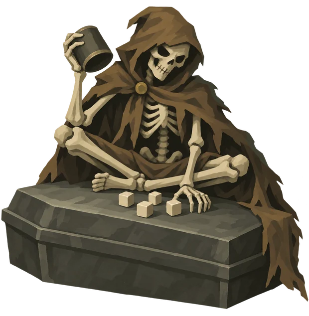 A skeleton rattling bone dice on a coffin